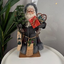 Vintage Handcrafted Rustic Woodland Santa Figurine Xmas Plaid Faux Fur Trim 16