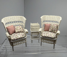 Vtg Artisan Signed Dollhouse Furniture Painted Wicker Chairs & Plant Stand 1:12 picture