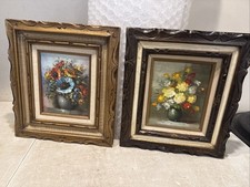Lot Of 2 Real Signed Oil Painting Realism Flowers Floral Vase Wood Frame  17x18” picture