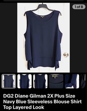 DG2 Diane Gilman 2X Plus Size Navy Blue Sleeveless Blouse Shirt Top Layered Look picture