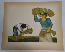 Vintage Jorge Dumas Consecha Grain Harvest Village Signed Art Lithograph Uruguay picture