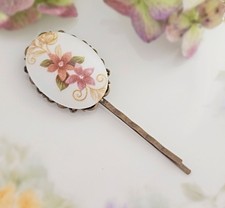 Victorian Style Oval Porcelain Dusty Rose Handpainted Vintage Glass Hair Pin picture
