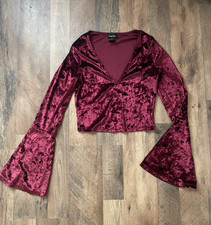 Burgundy Velvet Bell Sleeve Crop Top Y2K Whimsigoth Boho Romantic Goth picture
