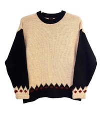 Vintage 90s Structure Shetland Wool Sweater XL Cream Navy Fair Isle Knit picture
