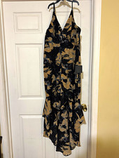 Lulus XL Black/Beige Floral V-Neck Sleeveless Midi Dress Lined NWT 210 picture