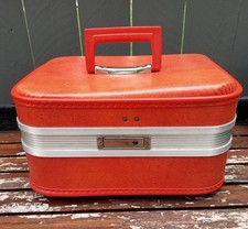 Vintage 1960s Orange Hard Shell Suitcase Luggage Travel Vanity Train Case picture