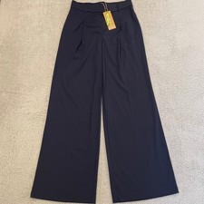 NWT OGL Pleated Wide Leg Trousers Womens M Navy High Rise Elastic Waist Pockets picture