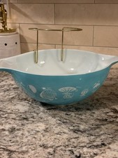 Rare 1958 Pyrex Cinderella Hot Air Balloons Turquoise Bowl 4 Qt  W/ Dip Bracket picture