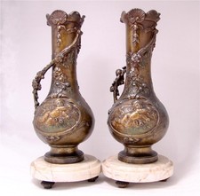 Pair of Antique Jugendstil/Art Nouveau Bronze Metal Vases w/Cupids c.1900 picture
