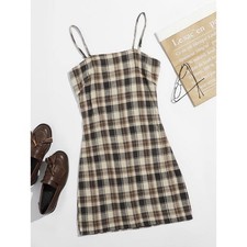 Mini Plaid Dress Beige Tan Cream XS Extra Small picture