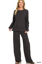 Zenana Women's Soft Hacci Long Slv Pullover & Pants Set - Black picture