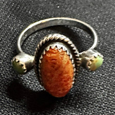 Handmade Sterling Silver Signed Oval Orange Oyster Turquoise Bezel Ring Size 8 picture