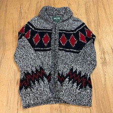 Vintage American Eagle Chunky Knit Full Zip Fair Isle Cardigan Mens Medium Grey picture