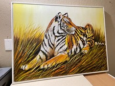Mid Century Signed Hand Paint TIGER On Canvas Art Decor Wood Framed Hangs picture