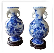 Antique Japanese Meiji Seto Blue White Porcelain Vases – Elephant Handles 21cm picture