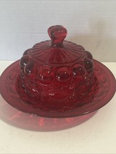 Vintage Mosser UV Glow Ruby Eye Winker Glass Round Covered Butter Dish picture