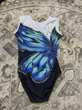 LIUHUO Girls Rhythmic Gymnastics Leotard Size 140 9/10 Blue Butterfly Rhinestone picture
