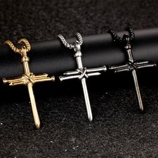 Mens Gold Tone Stainless Steel Nail Cross Pendant Necklace Fashion Jewelry Gift picture
