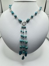 Turquoise Blue Round Beaded Y-Drop Teardrop Tassel Pendant Necklace Silver #61 picture