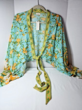 Anthropologie Pilcro Cropped Kimono Aqua Blue Lemon Print  Boho Beachy OS picture