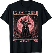 in October We Wear Pink Cat Witch Breast Cancer Awareness T-Shirt picture