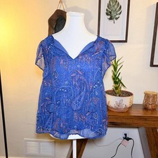 Lucky Brand Blue Paisley Sheer Blouse Boho Tassel Tie Top Size M picture