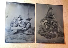 Tintype Photos Victorian Girls on Picnic, Fishing, Hidden Behind Bonnet Unusual picture