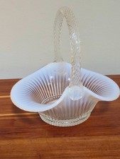 Vtg Fenton French Opalescent Fine Rib Glass Basket Twisted Handle 1980s Mark 7