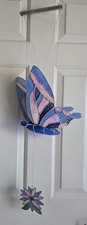 Vtg Stained Glass  Butterfly Hanging Mobile Suncatcher  Blue Pink Iridescent Art picture