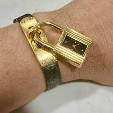 Vintage HERMES Kelly Lock Watch Gold Plated Black Leather Bracelet Swiss RUNS picture
