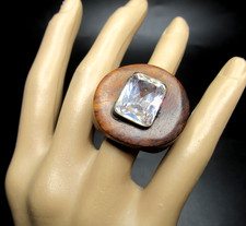 Stunning Genuine Gemstone Quartz  Wooden Statement Ring Size 7.5 picture