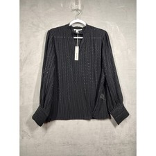 Chicos Black Pleated Clip Dot Blouse NWT Sheer Shimmer Ruffle Neck Top Size 2 L picture