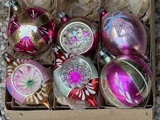 VTG Poland Pink Bell Bird Stencil Mica Indent Reflector Teardrop Glass Ornament picture