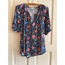 LOFT Womens Small Navy Blue Floral Split Neck Short Puff Sleeve Blouse Top S picture