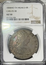 🌈 1808MO TH Mexico 8 Reales Carlos III Silver Original Toning AU50 🌈 picture