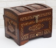 Vintage Moroccan Chest Handmade Wooden Jewelry Box Brass Inlay Wedding Trunk picture