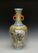 Fine Old Chinese Qing Qianlong MK Yangcai Yellow Ground Landscape Porcelain Vase picture