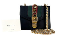 Gucci Auth Black Mini Leather Sylvie Bag Web Shoulder Gold Tone Chain Bag Runway picture