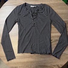 Pink Republic Womens Small Black White Striped Lace Up Ribbed Long Sleeve Top picture
