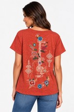 NWT Kyla Seo Comfort Rena Tee Spicy Orange Embroidered Guitar Floral Sz S Small picture