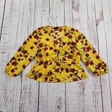 Topshop Yellow Red Floral 3/4 Sleeve Open Tie Front Peplum Blouse US 6 picture