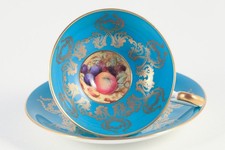 Vintage Aynsley Orchard Fruit Teacup & Saucer Set Turquoise Blue 22K Gold Trip picture