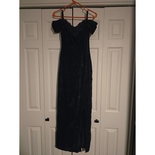 Vintage Jump Velvet Maxi Dress Off Shoulder Teal Blue Lace Trim Gown Size 3/4 picture