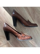 PRADA Calzature Donna Spazzolato Fume Rame Brown Polished Heeled Loafers Size 38 picture