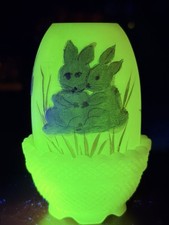 Vtg Fenton Custard Satin Glass Bunny Egg Fairy Lamp Blue Rabbits Uranium Glow picture