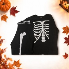Supreme Hanes Skeleton Set Thermal Shirt Bones Black And Pant (Large). picture