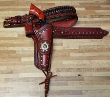 Cherry Red Western Leather Gun Holster Belt Tooled Cowboy Fast Draw Rig .22-.45 picture
