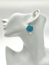 14kt Gold Rose Turquoise 20mm Earrings with Pearls - Handmade Italian Jewelry picture