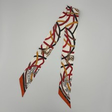 Hermes Harnais Legendaire Twilly Silk Scarf White Red Orange Harness Ribbon picture