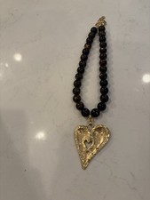 YOCHI NY Gold Heart Pendant Chocolate Brown Beaded Statement Necklace New $126 picture